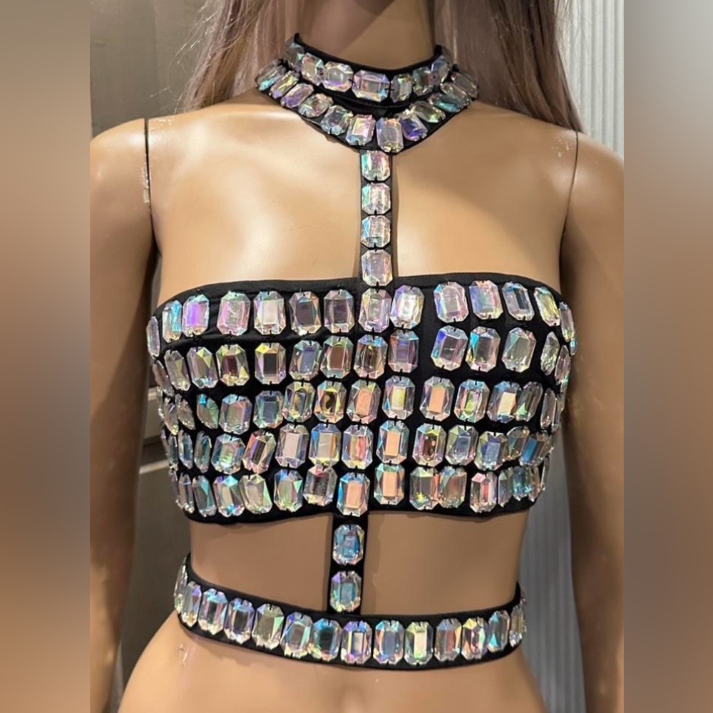 Dolls Kill Iridescent Lust Sparks Rhinestone Harness Top